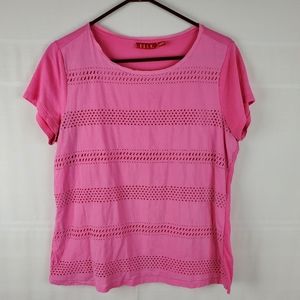 Elle short sleeve crew neck eyelet design tee L
